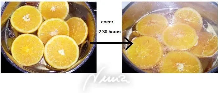 Naranjas en almíbar, paso 4: Hervir 2 horas 30 minutos a fuego lento, poco más, pues deben quedar de color caramelo…