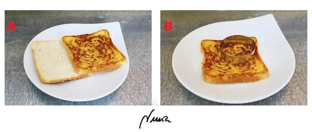 Sándwich Nuria, paso 7: 7. A- En 4 de las rebanadas ya tostadas, se les corta un círculo del tamaño de una yema…