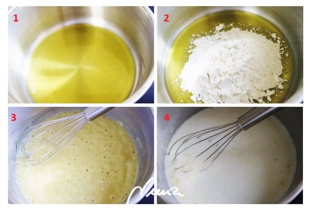 Bechamel, paso 4: Echar bastante de leche de golpe, que quede de consistencia líquida, removiendo…