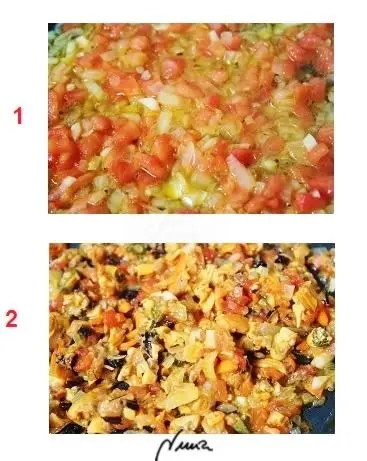 Monterías, paso 6: Pelar y picar muy fino la cebolla, tomate y ajo.