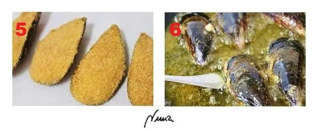 Monterías, paso 12: Echar los mejillones con cuidado en la sartén, con la cara del pan rallado hacia abajo…
