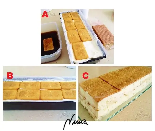 Pastel helado de nata-galleta, paso 10: Sacar del congelador, retirar el papel vegetal y colocarlo en una fuente alargada. C-