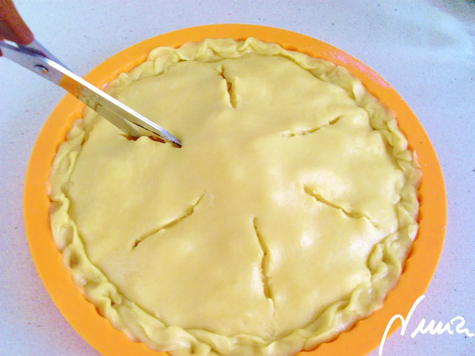 Pastel de manzana – paso a paso, paso 18: Con unas tijeras cortar la masa como se muestra, unos 6 - 8 cortes es suficiente:
