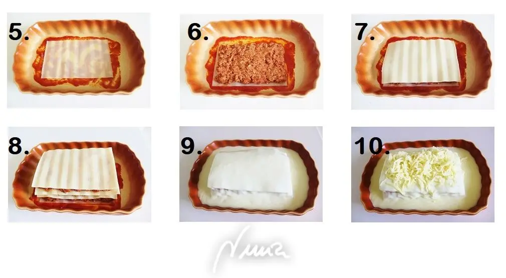 Lasaña de carne guisada, paso 10: Espolvorear por encima con queso mozzarella rallado.