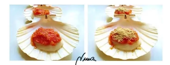 Vieiras exquisitas, paso 7: Poner encima de cada vieira una capa de tomate frito y encima un poco de pan rallado: