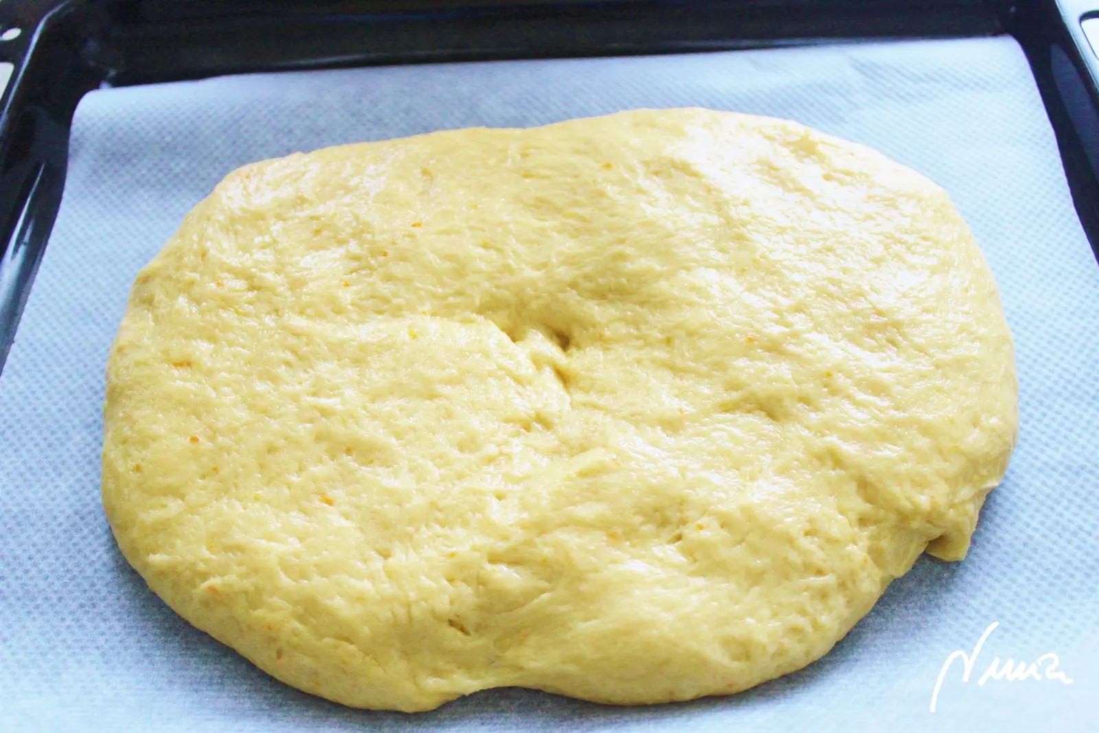Roscón de Reyes, paso 32: 32- Pasar la masa a la bandeja del horno, sobre el papel vegetal: