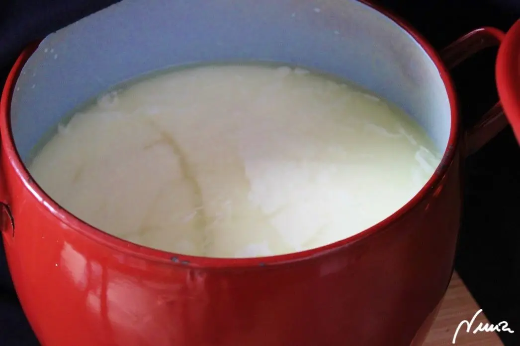 Queso fresco de vaca, casero, proceso paso a paso, paso 9: Esperar unos minutos más, todo tapado y volver a comprobar que la marca de corte del…