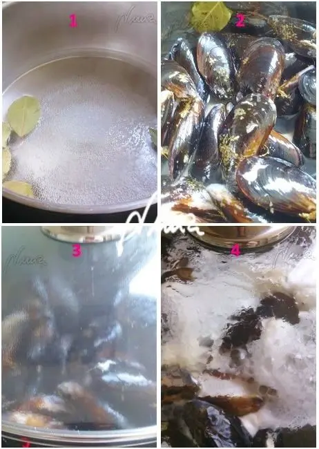 Mejillones al vapor, paso 2: En una cacerola grande echar agua, sólo que cubra el fondo.