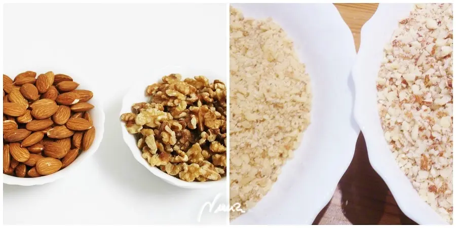Tortas árabes, paso 2: Triturar las almendras algo menos que las nueces. Yo trituro las almendras a poquitos…