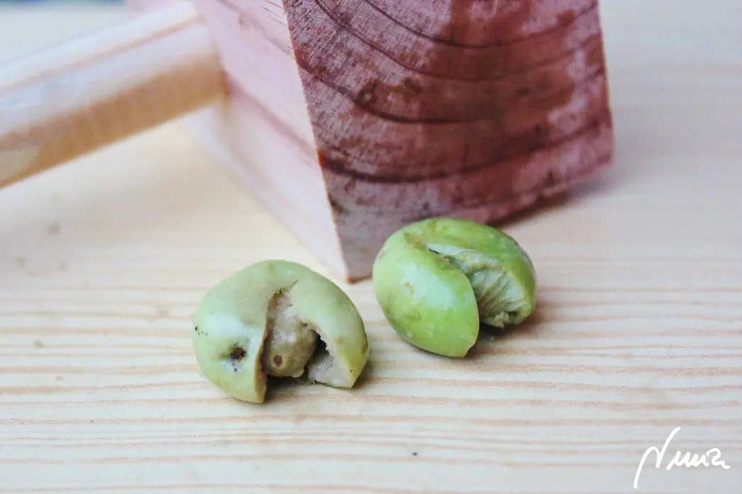 Aceitunas verdes aliñadas, paso 3: Machacar las aceitunas, lo justo que se abran un poco sin destrozarlas: