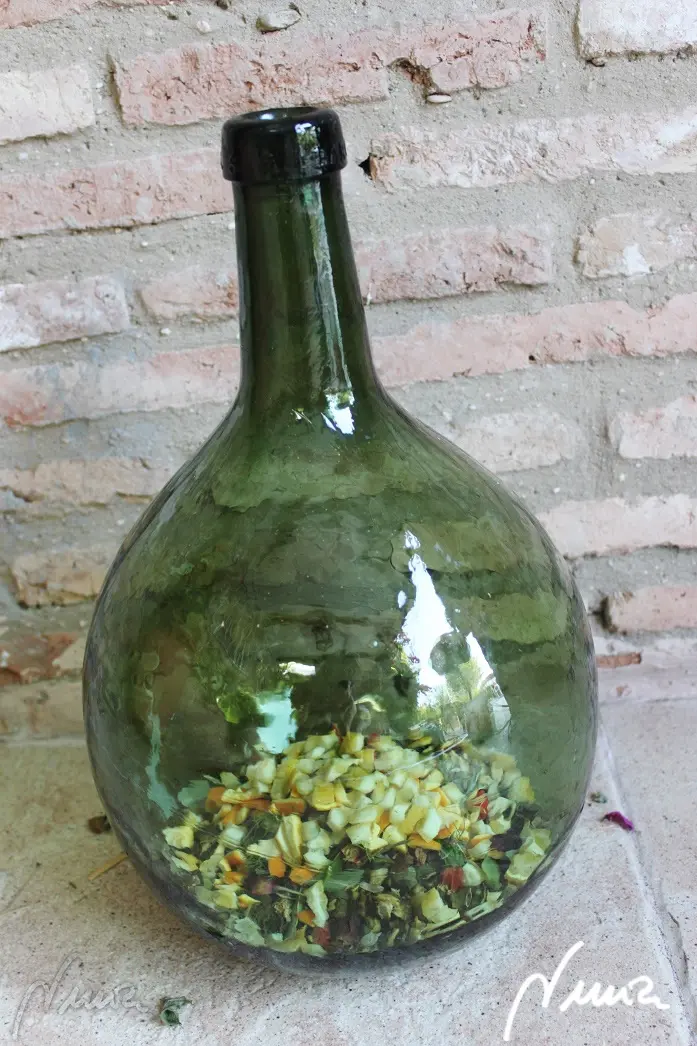 Ratafía de nueces, paso 2: 2. Meter en la garrafa todos los ingredientes sólidos bien troceados: