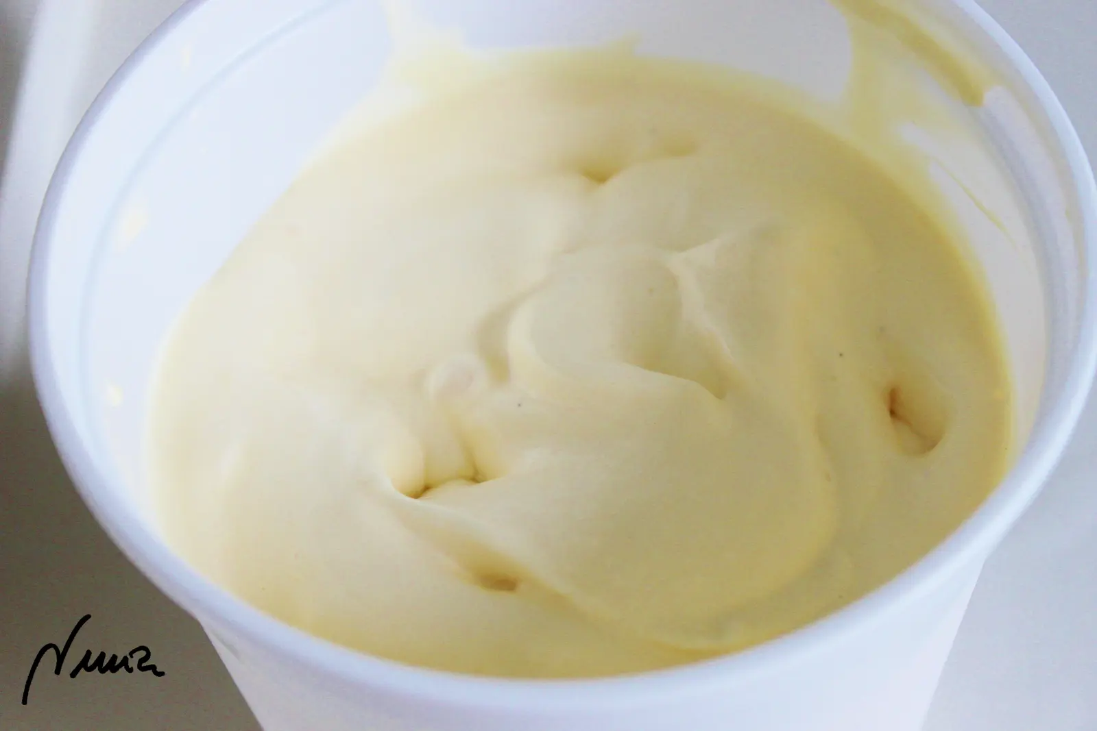 Helado de vainilla, paso 12: Verter la crema en una terrina o vaso de plástico con tapadera.