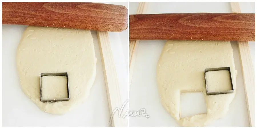 Hojaldrinas o nevaditos, paso 9: Retirar el papel y hacer cuadrados o círculos con el cortapastas.