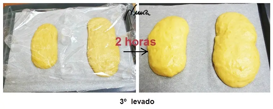 Coca de San Juan, paso 16: Colocar la masa sobre el papel vegetal dándole forma ovalada, dejando un grosor de 1…