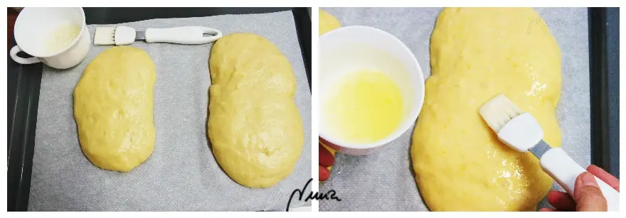 Coca de San Juan, paso 2: Pincelar la superficie de la coca con mucho cuidado, sin presionar: