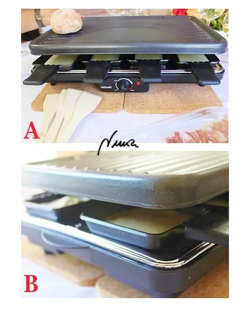 Raclette, paso 7: Mantener la sartén con el queso dentro del aparato el tiempo suficiente para derretirlo.