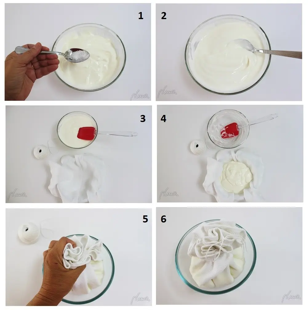Queso crema (tipo filadelfia), paso 7: A la mitad de la tela atar bien todo en contorno con una cuerda, bien cerrado, dejando…