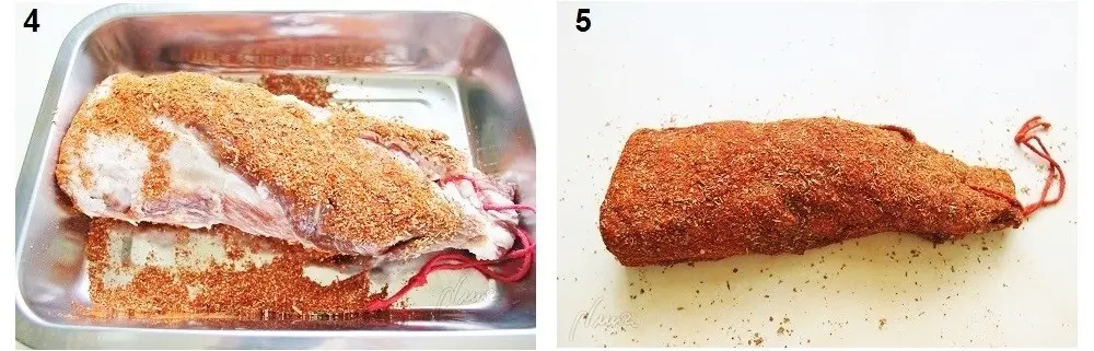 Lomo de cerdo ibérico curado, paso 9: Rebozar generosamente el lomo por todos lados, que quede bien cubierto -4- y -5-: