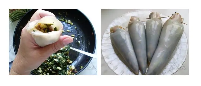 Calamares rellenos de espinacas y piñones, paso 9: rellenarlos con las espinacas 3/4 partes, sellando la abertura con un palillo de madera: