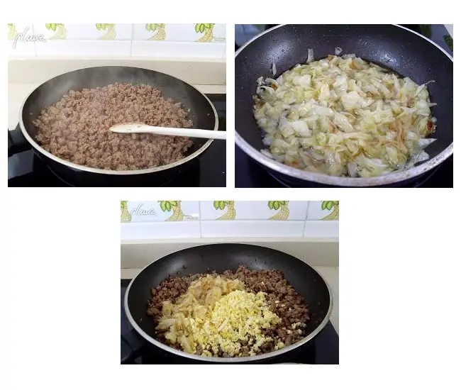 Rollito de col con carne, paso 9: pelar y picar el huevo duro y añadirlo a lo anterior, removiendo todo junto