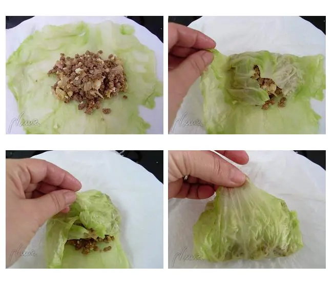 Rollito de col con carne, paso 10: poner un montoncito de carne sobre la hoja de col y hacer un paquetito, luego atarlo con…