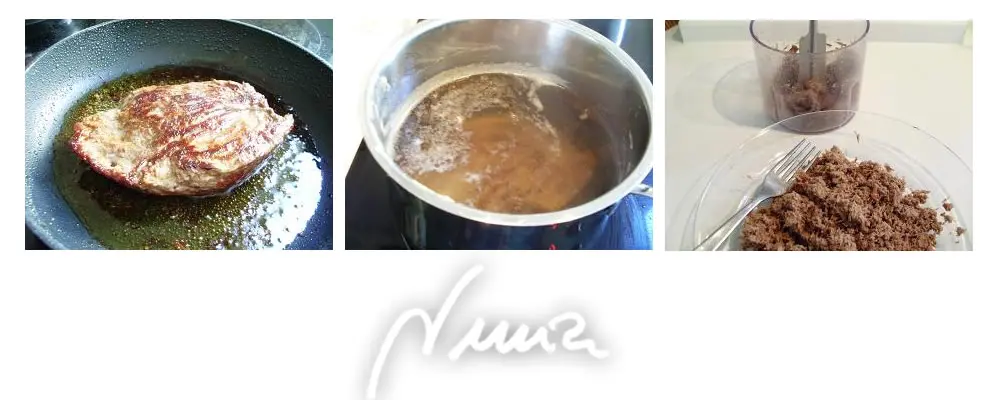 Rollo de patata con carne, paso 6: sacar del agua y triturarla. Reservar.