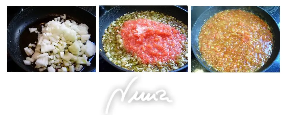 Rollo de patata con carne, paso 8: añadir el tomate triturado, la sal y azúcar y freír hasta que todo esté bien pochado.