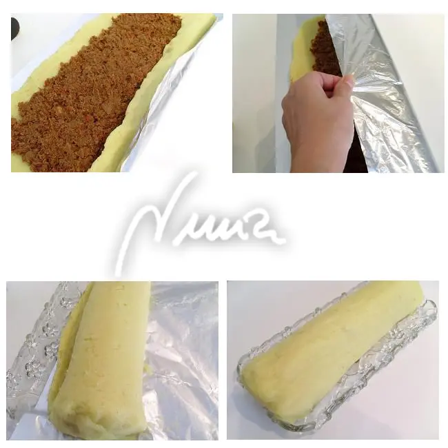 Rollo de patata con carne, paso 19: levantar uno de los extremos más largos del aluminio, ayudando con las manos para ir…