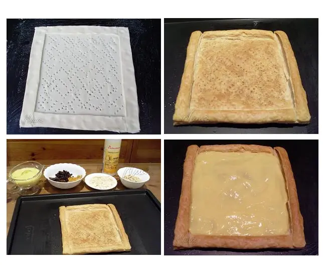 Tarta de frutos secos, paso 11: extender una capa fina de la crema pastelera, ayudando con el revés de una cuchara.