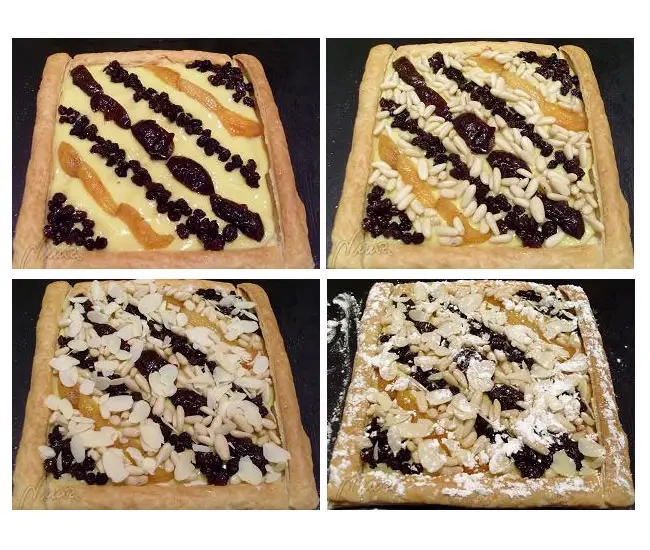Tarta de frutos secos, paso 15: por último espolvorear con azúcar glas, inclusive las tiras de los bordes, pero no…